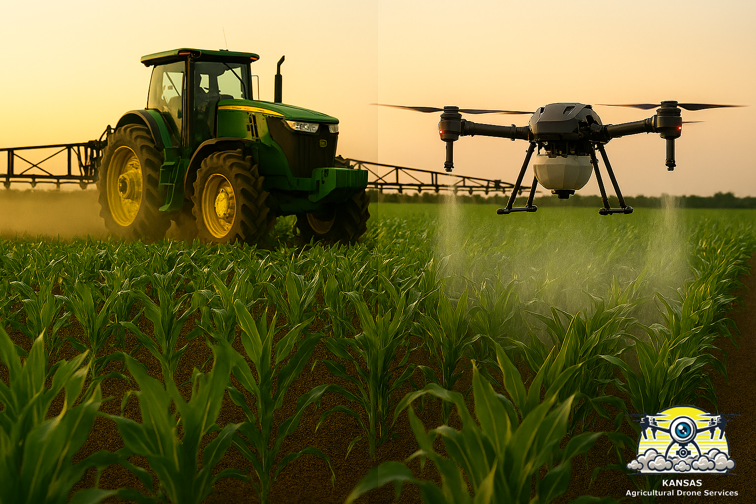 Ground spray rig and spray drone applying product to a field