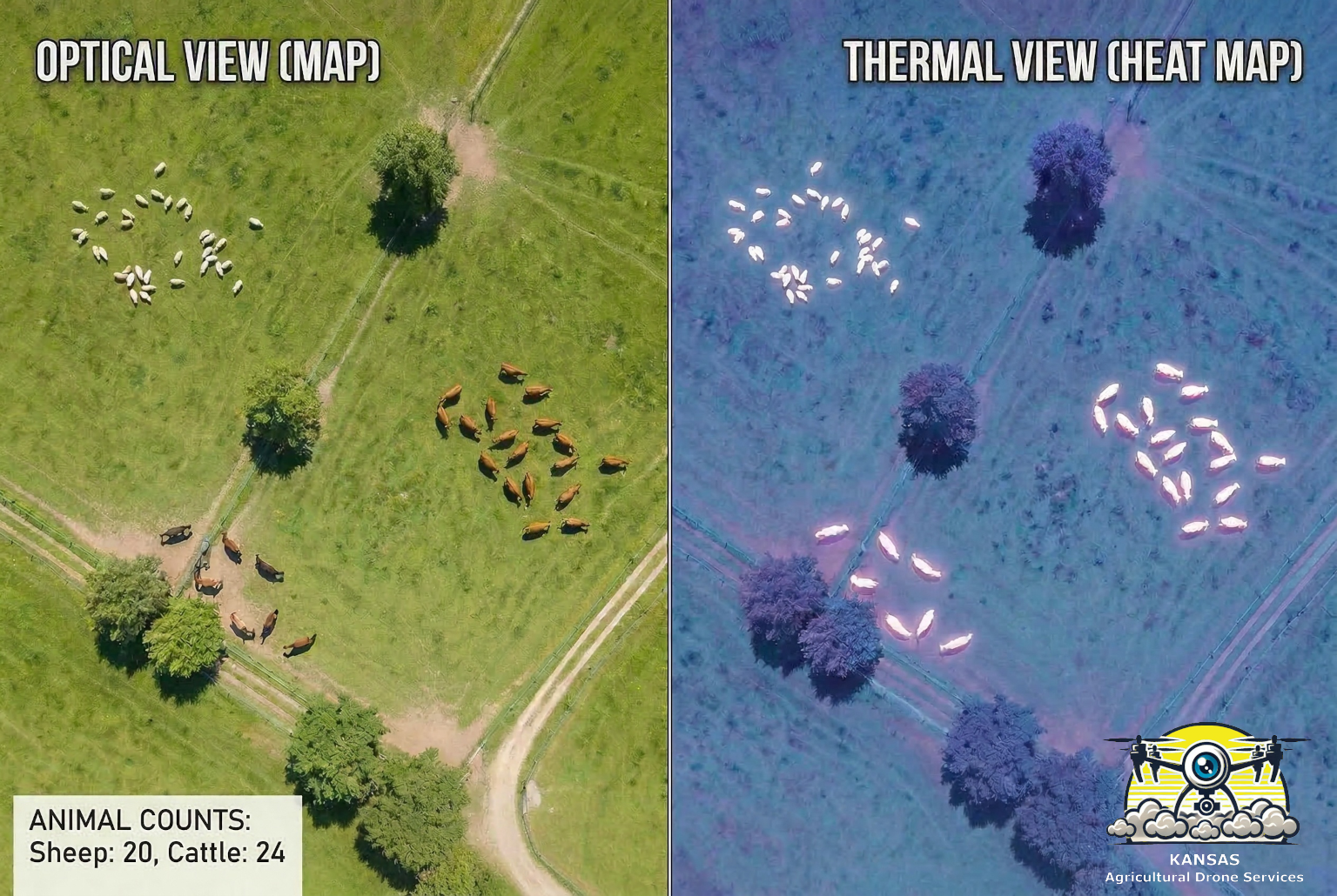 Aerial View of pasture and livestock in RGB and Thermal