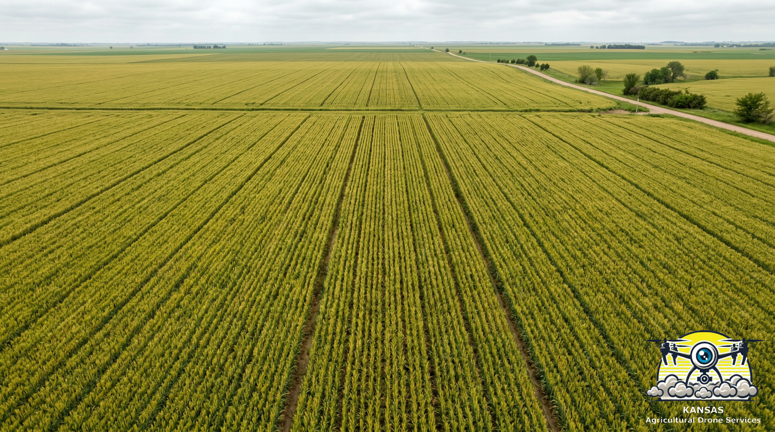 Aerial view of Northeast Kansas winter wheat fields at heading stage in early May